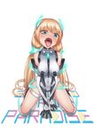  1girl angela_balzac artist_request bare_shoulders blonde_hair blush bodysuit breasts elbow_gloves expelled_from_paradise gloves green_eyes headgear highres large_breasts leotard long_hair looking_at_viewer low_twintails me!me!me! open_mouth rakuen_tsuihou sitting solo tongue tongue_out twintails very_long_hair wariza 