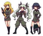  ammunition anchovy belt blonde_hair blue_hair boots brown_eyes carpaccio drill_hair female full_body girls_und_panzer goggles goggles_on_hat green_eyes green_hair hat helmet jacket long_hair long_sleeves looking_at_viewer lowres military military_uniform multiple_girls open_mouth pants pepperoni_(girls_und_panzer) pixel_art purple_eyes ribbon riding_crop sai_koro shirt short_hair skirt smile standing tank_shell transparent_background twin_drills twintails uniform wink 