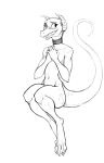  2018 anthro blush claws collar embarrassed female flat_chested guoh kiska kobold nude scalie simple_background sitting sketch solo trash_knight 