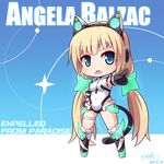  2014 :o angela_balzac angry animal_ears armpits axent_wear bangs bare_shoulders blonde_hair blue_background blue_eyes blunt_bangs blush boots breasts cat_ear_headphones cat_ears cat_tail character_name chibi copyright_name covered_navel dated deva_battle_suit elbow_gloves english fake_animal_ears fake_tail fang foreshortening full_body gloves glowing gradient gradient_background halterneck hand_on_hip headphones high_heel_boots high_heels highleg highleg_leotard kemonomimi_mode knee_boots langbazi legs_apart leotard long_hair looking_at_viewer low_twintails medium_breasts neon_trim open_mouth outstretched_arm pilot_suit pointing pointing_at_viewer rakuen_tsuihou signature solo standing tail thigh_strap triangle_mouth turtleneck twintails v-shaped_eyebrows very_long_hair 