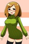  black_legwear breasts brown_eyes brown_hair commentary_request glasses green_shirt large_breasts looking_at_viewer nikki_(swapnote) nishiki_mikado open_mouth pink_background red-framed_eyewear ribbed_sweater shirt smile solo swapnote sweater thighhighs 