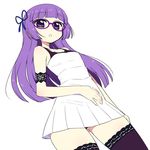  aikatsu! aikatsu!_(series) bangs bare_shoulders bespectacled black_legwear blunt_bangs chan_co cowboy_shot dress dutch_angle glasses hair_ribbon hikami_sumire lace lace-trimmed_thighhighs long_hair looking_at_viewer looking_down open_mouth pleated_dress purple-framed_eyewear purple_eyes purple_hair ribbon sidelocks simple_background solo tareme thighhighs white_background 