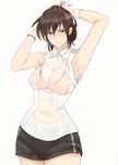  adjusting_hair armpits bangs blush bracelet breasts brown_eyes brown_hair gym_uniform jewelry large_breasts navel ogros original see-through shirt shorts sleeveless solo sweat sweatband sweatdrop wet wet_clothes wet_shirt white_background wristband 