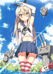  &gt;_&lt; :3 :o anchor armpits bare_shoulders black_panties black_ribbon blonde_hair blue_sky blush closed_eyes cloud crop_top day elbow_gloves flat_chest gloves hair_between_eyes hair_ribbon highleg highleg_panties highres innertube kantai_collection kantoku_(style) kawai light_rays long_hair looking_at_viewer midriff navel ocean panties rensouhou-chan ribbon sailor_collar shading_eyes shimakaze_(kantai_collection) sky sleeveless solo standing striped striped_legwear sunbeam sunlight thigh_gap thighhighs underwear wading yellow_eyes |_| 