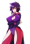  bad_id bad_pixiv_id black_hair breast_hold breasts chaps chin_rest cleavage cleavage_cutout covered_nipples huge_breasts leotard liebert long_coat majin_bone marimo_(yousei_ranbu) purple_leotard red_eyes red_legwear short_hair solo tailcoat 