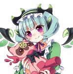  aqua_hair astaroth_(p&amp;d) black_bow blush bow cauchemar_(p&amp;d) demon_girl demon_horns frills hairband horns kozakura_(dictionary) pentacle purple_eyes purple_ribbon puzzle_&amp;_dragons ribbon short_hair simple_background smile solo stuffed_toy white_background wings 