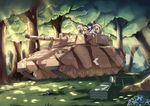  absurdres allenes black_hair blonde_hair blue_eyes caterpillar_tracks crate dappled_sunlight flower forest grass ground_vehicle highres long_hair military military_vehicle motor_vehicle multiple_girls nature open_mouth original riding school_uniform serafuku sunlight tank tree tree_shade 