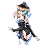  alternate_costume anju_(dream_c_club_gogo.) anju_(dream_c_club_gogo.)_(cosplay) ass blonde_hair blue_bow bow breasts cosplay detached_sleeves dream_c_club_(series) dream_c_club_gogo. dream_c_club_uniform green_eyes hair_bow hat highres kantai_collection large_breasts long_hair looking_at_viewer looking_back open_mouth ozawa_ari peaked_cap prinz_eugen_(kantai_collection) seiyuu_connection simple_background solo tk8d32 twintails waitress white_background 