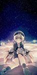  blue_eyes boots bottomless clothes_writing dress hat itamidome kantai_collection long_sleeves looking_at_viewer machinery night night_sky sailor_collar sailor_dress sailor_hat shooting_star short_hair silver_hair sitting sky socks solo star_(sky) starry_sky turret z1_leberecht_maass_(kantai_collection) 