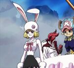  1boy 1girl :3 animal_ears animated animated_gif black_skirt blonde_hair breasts bunny_ears bunny_tail carrot_(one_piece) curvy dress duo female gloves horns large_breasts long_hair one_piece pale_skin short_hair skirt smile tail thighs tony_tony_chopper 