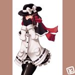  alternate_costume bad_id bad_pixiv_id black_capelet bow brown_hair capelet hair_bow hat highres mittens nanahi_toshi pantyhose ribbon scarf short_hair skirt solo touhou usami_renko winter_clothes 