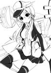  anchor_hair_ornament greyscale hair_ornament hat highres kantai_collection long_hair looking_at_viewer machinery marionette_(excle) monochrome peaked_cap pleated_skirt prinz_eugen_(kantai_collection) skirt smile solo turret twintails 