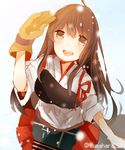  :d akagi_(kantai_collection) artist_name brown_eyes brown_hair gloves highres japanese_clothes kantai_collection kumahara long_hair muneate open_mouth partly_fingerless_gloves simple_background smile solo yugake 