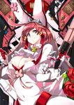  ahoge blue_eyes bracelet breasts cleavage clenched_hand clover elphelt_valentine flower four-leaf_clover guilty_gear guilty_gear_xrd gun hairband huge_ahoge jewelry large_breasts makai red_hair rose short_hair shotgun smile solo spiked_bracelet spikes weapon 