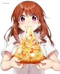  :t artist_name bell_pepper blush breasts brown_hair downscaled dress_shirt eating food highres holding holding_food kawai_makoto koufuku_graffiti large_breasts machiko_ryou md5_mismatch meat official_art pepper pink_eyes pizza resized shirt short_sleeves shrimp solo tomato upper_body watermark white_background 