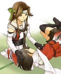  blush brown_eyes brown_hair closed_eyes commentary elbow_gloves forehead_protector gloves green_headband hachimaki headband jintsuu_(kantai_collection) kantai_collection lap_pillow long_hair lying mori_(unknown.) multiple_girls remodel_(kantai_collection) scarf school_uniform seiza sendai_(kantai_collection) short_hair sitting skirt smile white_scarf 