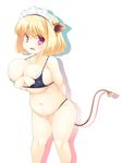  animal_ears belly blonde_hair blush breasts bursting_breasts cow_ears cow_tail highres huge_breasts kaimantokage navel original plump red_eyes short_hair simple_background solo tail tail_raised thick_thighs thighs undersized_clothes white_background 