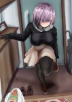  1girl arm_support bag bending_forward black_gloves black_legwear black_sweater blurry blush breasts brown_footwear carrot closed_umbrella commentary_request contemporary depth_of_field door eyes_visible_through_hair fate/grand_order fate_(series) gloves grey_scarf grocery_bag head_tilt highres indoors large_breasts lavender_hair long_sleeves looking_at_viewer mash_kyrielight medium_hair pantyhose photo_(object) picture_frame pink_skirt plastic_bag removing_shoes scarf shopping_bag skirt smile solo sweater umbrella wataseric52koni 