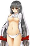  bangs black_hair blush bow breasts hair_bow hair_ribbon highres isshiki_(ffmania7) large_breasts long_hair long_sleeves low-tied_long_hair navel original panties red_eyes ribbon shirt shirt_lift silhouette solo standing twintails underboob underwear very_long_hair white_background white_panties white_shirt 
