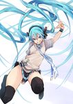  absurdly_long_hair aqua_hair arm_up black_legwear blue_eyes covering covering_ass floating_hair fu-ta grin hatsune_miku headphones long_hair looking_at_viewer nail_polish necktie skirt skirt_tug smile solo sweater_vest thighhighs treble_clef twintails very_long_hair vocaloid 
