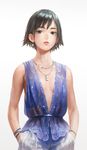  arata_yokoyama bare_shoulders black_eyes black_hair bob_cut earrings eyebrows hands_in_pockets highres jewelry looking_at_viewer necklace no_bra original short_hair simple_background solo standing white_background 