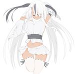  1girl absol bouncing_breasts breasts dark_skin hair_over_one_eye large_breasts midriff natsuki_straight navel personification pokemon ribbon-trimmed_legwear ribbon-trimmed_sleeves solo thighhighs white_hair 