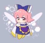  1girl blue_bow blush blush_stickers bow cape chousen_yuuki cosplay dress eyebrows_visible_through_hair fairy fairy_wings finger_to_mouth grey_background hair_bow hexagon kirby_(series) large_bow looking_to_the_side magolor magolor_(cosplay) nintendo pink_hair ribbon ribbon_(kirby) short_hair signature simple_background solo wings yellow_eyes yellow_footwear 