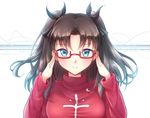  blue_eyes brown_hair fal fate/stay_night fate_(series) glasses hair_ribbon long_hair red-framed_eyewear ribbon smile solo toosaka_rin two_side_up upper_body 