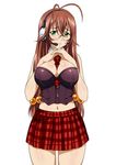  1girl breasts brown_hair glasses green_eyes headphones ikkitousen large_breasts long_hair official_art ryuubi_gentoku skirt solo standing white_background 