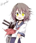  :d brown_hair furutaka_(kantai_collection) hair_ornament hairclip heterochromia kantai_collection kuroneko_no_toorimichi looking_at_viewer machinery open_mouth school_uniform serafuku short_hair simple_background sketch smile solo turret twitter_username white_background yellow_eyes 