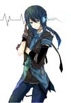  belt blackcatshooter blue_eyes blue_hair cardiogram denim earphones gloves highres hood hood_down hoodie jeans lifeline light_smile male_focus necktie original pants solo water waveform 