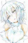  absurdres animal_ears bare_shoulders breast_squeeze breasts color_trace colored_pencil_(medium) detached_sleeves fang green_eyes highres inubashiri_momiji kitazinger large_breasts no_hat no_headwear open_mouth shirt sideboob silver_hair solo touhou traditional_media upper_body wolf_ears 