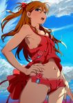  armpits blue_eyes breasts brown_hair cameltoe cloud covered_nipples day floating_hair hand_on_hip highres long_hair mebae nail_polish navel neon_genesis_evangelion no_bra no_panties open_mouth red_nails short_shorts shorts sky small_breasts solo souryuu_asuka_langley two_side_up upshorts 