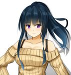  bangs bare_shoulders blue_hair blush breasts cleavage collarbone isshiki_(ffmania7) large_breasts long_hair long_sleeves looking_at_viewer off-shoulder_sweater original ponytail purple_eyes ribbed_sweater silhouette smile solo sweater white_background 