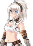  absurdres allenes blue_eyes breasts cleavage gauntlets hairband highres kirin_(armor) looking_at_viewer medium_breasts monster_hunter navel silver_hair simple_background smile solo stomach white_background 