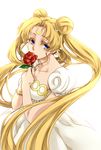  bead_bracelet beads bishoujo_senshi_sailor_moon blonde_hair blue_eyes bracelet colored_eyelashes crescent double_bun dress facial_mark flower forehead_mark jewelry long_hair moochiduki princess_serenity red_flower red_rose rose solo tsukino_usagi twintails white_background white_dress 