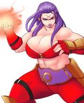  abs armor bandeau bare_shoulders breasts cleavage cross_scar fatal_fury faulds fingerless_gloves genderswap genderswap_(mtf) gloves greenmarine highres huge_breasts japanese_armor knee_pads kote lips lipstick long_hair makeup midriff muscle muscular_female pants purple_eyes purple_hair purple_lipstick scar solo spandex strapless the_king_of_fighters thick_thighs thighs wolfgang_krauser 