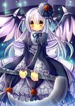  chocolat_(momoiro_piano) demon_wings frilled_skirt frills gothic_lolita hair_ornament holding lolita_fashion long_hair looking_at_viewer orange_eyes original scythe silver_hair skirt solo wings 