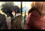  bangs black_hair blurry blush bokeh braid coat commentary depth_of_field frown kantai_collection kiritsuki_(crux) kitakami_(kantai_collection) letterboxed lights outdoors road scarf school_uniform serafuku sidelocks snowing solo_focus street waiting winter_clothes winter_coat 