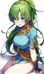  1girl :d arm_support bangs belt blush breasts commentary_request earrings eyebrows_visible_through_hair fingerless_gloves fire_emblem fire_emblem:_rekka_no_ken fire_emblem_heroes gloves green_eyes green_hair hair_between_eyes high_ponytail highres jewelry large_breasts long_hair lyndis_(fire_emblem) nintendo open_mouth pelvic_curtain ponytail ringozaka_mariko shadow short_sleeves side_slit sidelocks simple_background sitting smile solo thighs white_background 