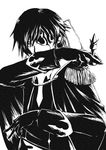  black_hair chess_piece code_geass eyepatch greyscale heike_gani highres lelouch_lamperouge male_focus monochrome pose solo 