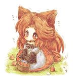  animal_ears apple basket big_hair blush brown_hair chibi d: dress eyebrows fang food fruit imaizumi_kagerou kneeling long_hair open_mouth red_eyes short_eyebrows solo tail tears thick_eyebrows touhou traditional_media trembling wavy_mouth wolf_ears wolf_tail ziogon 