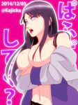  alternate_persona bare_shoulders breast_hold breasts cleavage clothes convenient_censoring hime_cut hyuuga_hinata kajicka large_breasts lavender_eyes lipstick long_hair makeup naruto naruto:_road_to_ninja navel open open_mouth purple_hair silver_eyes solo standing tongue 