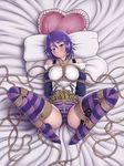  2014 arms_behind_back artist_name bdsm blush bondage bound breasts covered_nipples framed_breasts frilled_pillow frills full_body heart heart_pillow jewelry large_breasts lying no_shoes on_back on_bed panties parted_lips pendant pillow purple_eyes purple_hair reptileye rope rosario+vampire shibari shirayuki_mizore spread_legs striped striped_legwear striped_panties thighhighs underwear 