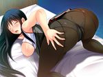  1girl areolae ass ass_grab bed black_hair blush breasts erect_nipples eyes_closed from_behind game_cg hanitsuma,_hanitsuma_append_disc_&ldquo;cosplay_tengoku&rdquo; hanitsuma,_hanitsuma_append_disc_â€œcosplay_tengokuâ€ highres huge_ass large_breasts legs long_hair nipples no_bra open_clothes open_mouth panties panties_under_pantyhose pantyhose shinonome_kasuhiko shinonome_kazuhiko solo thighs top-down_bottom-up underwear underwear, 