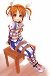  bdsm blush bondage bound cleave_gag cloth_gag craim gag gagged hair_ribbon highres improvised_gag lyrical_nanoha magical_girl mahou_shoujo_lyrical_nanoha orange_hair purple_eyes ribbon rope solo takamachi_nanoha twintails 