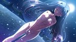  1girl areolae black_hair blush breast_squeeze breasts covering covering_crotch dutch_angle eyes_closed field flower flower_field full_moon game_cg glowing long_hair minori moon natsuzora_no_perseus navel night nipples nude outdoors petals shouna_mitsuishi solo tohno_ren yuzuna_hiyo 