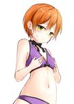  bikini binetsu_kara_mystery blush bow bowtie breasts green_eyes hazuki_natsu highres hoshizora_rin love_live! love_live!_school_idol_project navel orange_hair purple_bikini short_hair simple_background small_breasts solo sweatdrop swimsuit upper_body white_background 