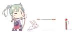  archery arrow bow_(weapon) bunny carrot chibi green_hair hair_ribbon holding holding_bow_(weapon) holding_weapon kantai_collection kneeling motion_blur muneate pleated_skirt practicing ribbon simple_background sketch skirt solo translated tunamayochan twintails weapon white_background zuikaku_(kantai_collection) 