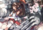  blurry brown_eyes brown_hair cherry_blossoms depth_of_field detached_sleeves holding kantai_collection long_hair machinery md5_mismatch oriental_umbrella petals pleated_skirt ponytail revision sitting skirt smile solo tree_shade tsuuhan turret umbrella very_long_hair yamato_(kantai_collection) 